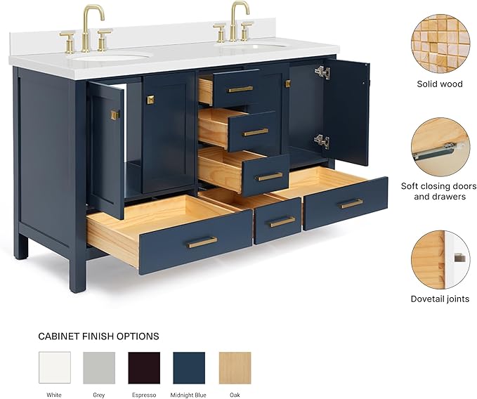 ARIEL Cambridge 60-inch Bathroom Vanity with Sink,Solid Wood, 1.5-inch Pure White Quartz Countertop & Backsplash, Double Oval Porcelain Sink, 4 Soft Closing Doors, 6 Dovetail Drawers, Midnight Blue