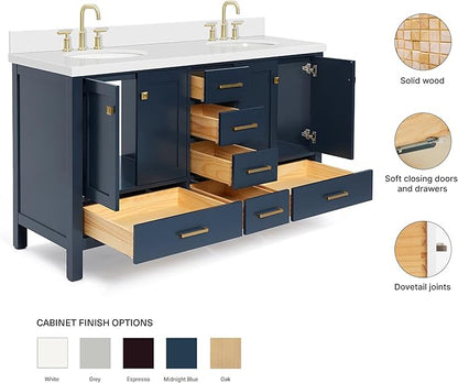 ARIEL Cambridge 60-inch Bathroom Vanity with Sink,Solid Wood, 1.5-inch Pure White Quartz Countertop & Backsplash, Double Oval Porcelain Sink, 4 Soft Closing Doors, 6 Dovetail Drawers, Midnight Blue