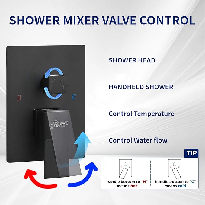 BWE Black Shower Faucet Set, 12 Inch Square Rain Shower Head and Handle Set Bathroom Shower System Sets Complete Combo 2-Functions Pressure Balancing Wall Mount Rainfall Shower Mixer Valve