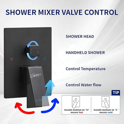 BWE Black Shower Faucet Set, 12 Inch Square Rain Shower Head and Handle Set Bathroom Shower System Sets Complete Combo 2-Functions Pressure Balancing Wall Mount Rainfall Shower Mixer Valve