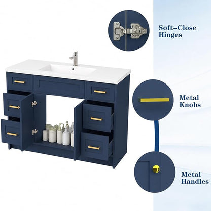 Blue Bathroom Vanity with Sink 48inch | 2 Doors and 6 Drawers | Wood Storage Basin Cabinet with Ceramic Basin for Home and Office