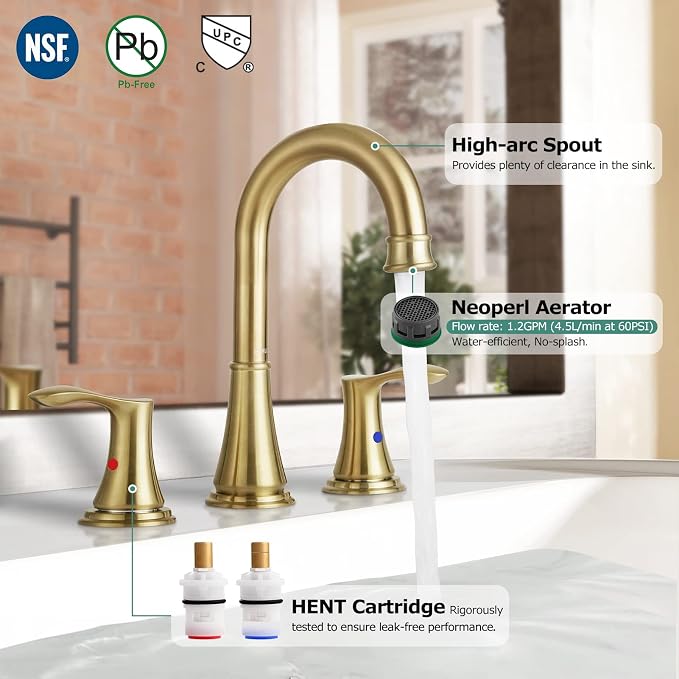 Brushed Gold Widespread Bathroom Sink Faucet 8 Inch for Vanity | with All Metal Pop Up Drain, High Arc 2 Handle Lead-Free Deck Mount Bathroom Faucet for 3 Hole Lavatory Utility Sink