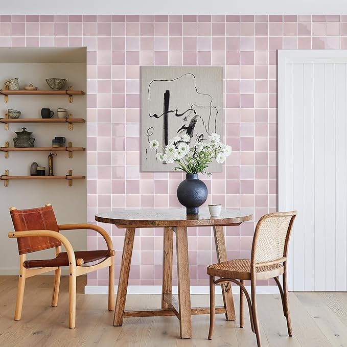 Commomy Thicker Pink Peel and Stick Tiles- 10 pcs of 12" x 12" - 3D Adhesive Square Peel and Stick Tiles Backsplash for Kitchen, Bathroom, Removable, Waterproof, Vinyl Wall Tile