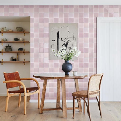 Commomy Thicker Pink Peel and Stick Tiles- 10 pcs of 12" x 12" - 3D Adhesive Square Peel and Stick Tiles Backsplash for Kitchen, Bathroom, Removable, Waterproof, Vinyl Wall Tile