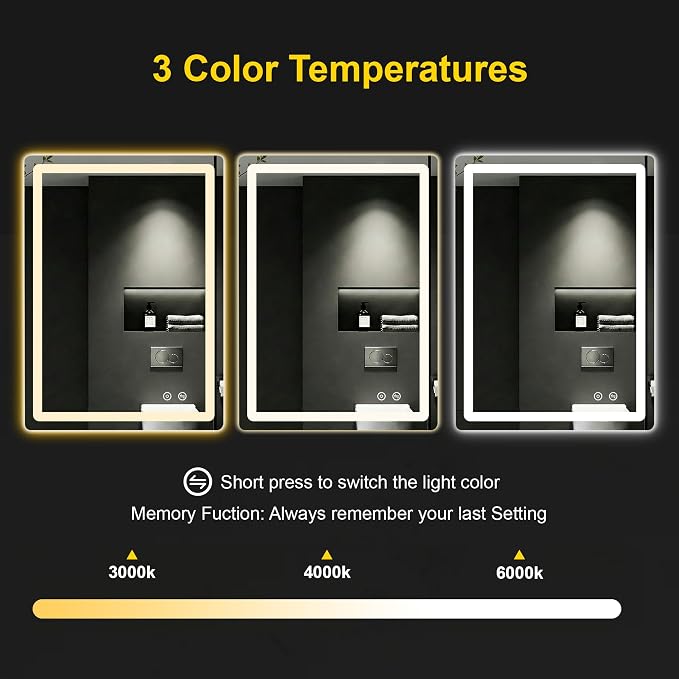 LED Bathroom Mirror with Lights, 24"x32" Lighted Vanity Mirror for Wall | Anti-Fog, Dimmable 3 Color Light, Backlit+Frontlit, Shatterproof Tempered Glass, Memory Function