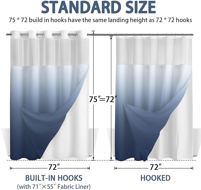 No Hook Shower Curtain and Liner Set,Ombre Blue Hotel Waffle Shower Curtain with Liner 75" L x 72" W