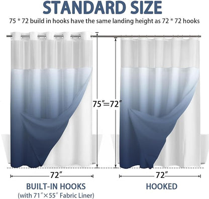 No Hook Shower Curtain and Liner Set,Ombre Blue Hotel Waffle Shower Curtain with Liner 75" L x 72" W