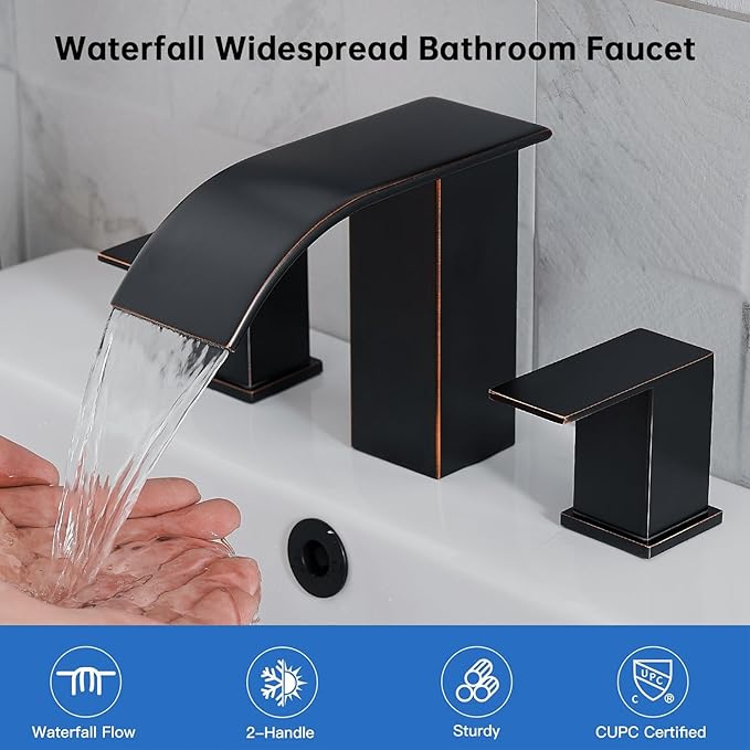 RUMOSE 8 inch Bathroom Faucets Set Oil Rubbed Bronze Bathroom Sink Faucet 3 Hole with Pop Up Drain Widespread 2 Handles Stainless Steel Lavatory Vanity Faucet Waterfall Deck Mounted