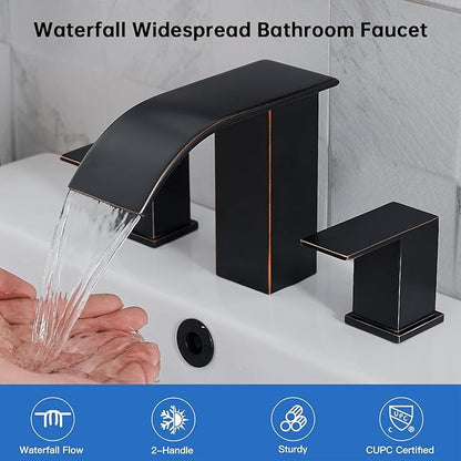 RUMOSE 8 inch Bathroom Faucets Set Oil Rubbed Bronze Bathroom Sink Faucet 3 Hole with Pop Up Drain Widespread 2 Handles Stainless Steel Lavatory Vanity Faucet Waterfall Deck Mounted