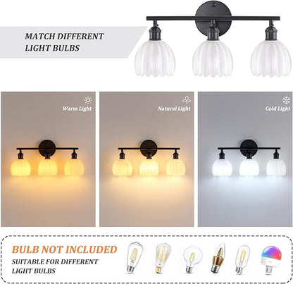 Bathroom Light Fixtures, 3-Light Black Vanity wall Light Over Mirror with White Tulip Glass Shade for Bedroom Living Room (Bulb Not Included)