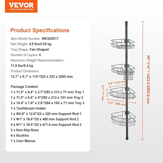 VEVOR Corner Shower Caddy Tension Pole, 4 Tier Adjustable Rustproof Organizer Shelves for Bathroom & Washroom, 42-114inch High, Black