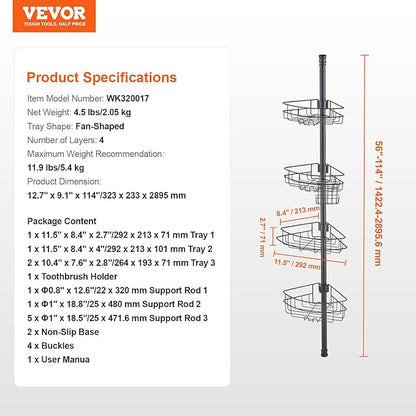 VEVOR Corner Shower Caddy Tension Pole, 4 Tier Adjustable Rustproof Organizer Shelves for Bathroom & Washroom, 42-114inch High, Black