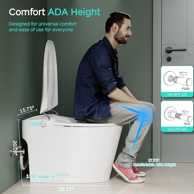 Smart Toilet with Bidet Built In ADA Height 17.7", 1.28GPF Power Flush, One Piece Bidet Toilet Design with Heated Seat, Voice Control, Remote Control, Foam Shield, Tankless Modern Toilet BSJ