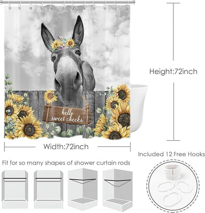 HVEST Funny Donkey Shower Curtain Farmhouse Western Animal Shower Curtain Set with Hooks Vintage Sunflower Yellow Floral Bath Curtain for Bathroom Decor Accessories, 72X72 inches
