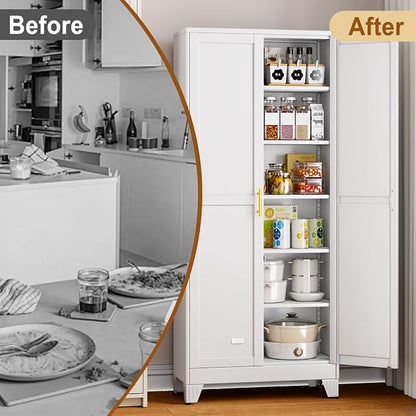 75" White Metal Storage Cabinet with 2 Doors and 5 Adjustable Shelves,Steel Garage Tool Cabinet, File Cabinet,Kitchen Pantry Cabinet for Home,Office,Garage,School,Warehouse
