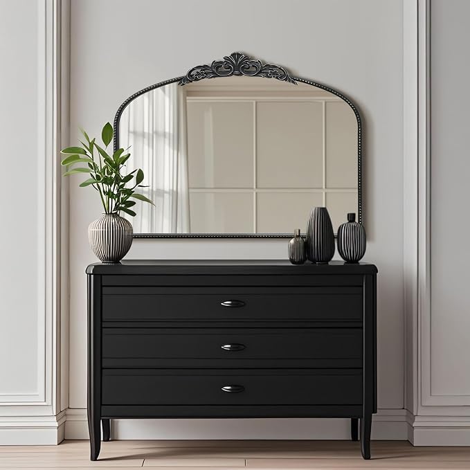 Micasso Vintage Black Arched Mirror: 36"x29" Baroque Antique Wall Mirror | Traditional Ornate French Decorative Wall Mirror for Bedroom/Bathroom/Entryway/Hallway/Dresser/Vanity/Mantel/Nightstand
