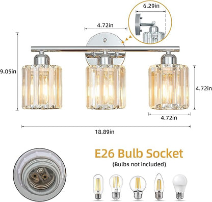 Modern 3 Light Crystal Vanity Light, Chrome Vertical Bathroom Light Fixture Over Mirror for Dressing Table Sink, Compatible with Dimmable Bulbs (Bulbs Not Included)