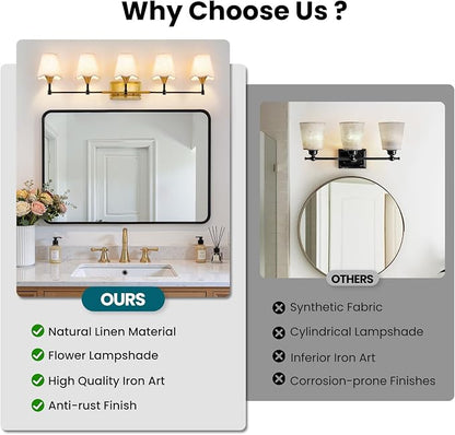 Black Gold Bathroom Vanity Light: 5 Light Vanity Lighting Fixtures with Flared Fabric Shade, Farmhouse Bathroom Lighting Fixtures over Mirror, Wall Sconce Lights for Bedroom Hallway Living Room