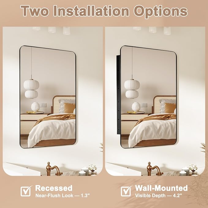 24x32 in Medicine Cabinet with Mirror for Bathroom, Matte Black | Fully Assembled; Recessed or Surface Wall Mount; Metal Cabinet with Tempered Glass Mirror and Two Adjustable Glass Shelves