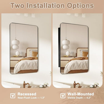 24x32 in Medicine Cabinet with Mirror for Bathroom, Matte Black | Fully Assembled; Recessed or Surface Wall Mount; Metal Cabinet with Tempered Glass Mirror and Two Adjustable Glass Shelves