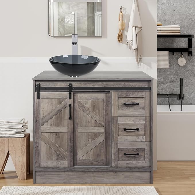 36 Inch Barn Door Bathroom Vanity, Farmhouse Style Standing Pedestal Cabinet with Grey Glass Vessel Sink
