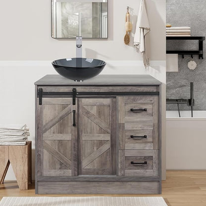 36 Inch Barn Door Bathroom Vanity, Farmhouse Style Standing Pedestal Cabinet with Grey Glass Vessel Sink