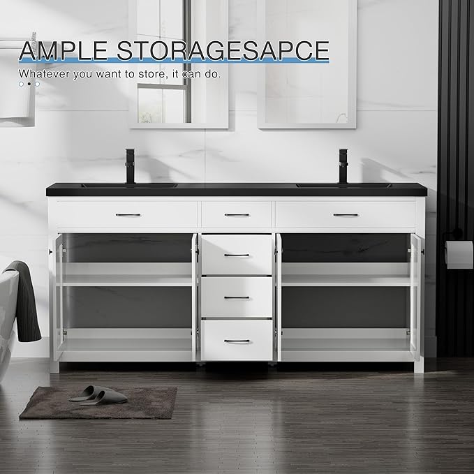 LUCKWIND 72" Bathroom Vanity and Sink Combo, Painted Modern Bathroom Storage Cabinet with Double Large Black Sink, Four Doors and Three Drawers, Include Faucet, Without Mirror, White