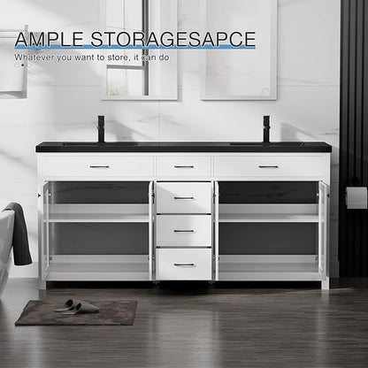 LUCKWIND 72" Bathroom Vanity and Sink Combo, Painted Modern Bathroom Storage Cabinet with Double Large Black Sink, Four Doors and Three Drawers, Include Faucet, Without Mirror, White