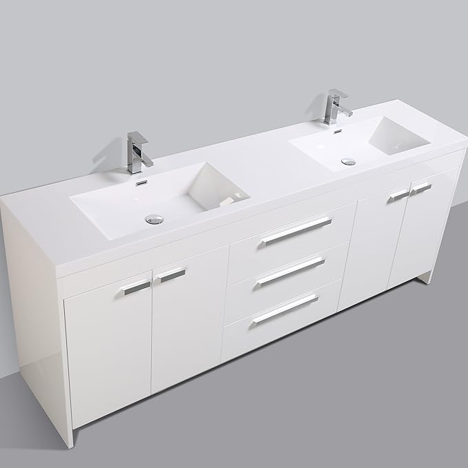 Eviva Lugano 84" White Modern Double Sink Bathroom Vanity w/White Integrated Top - Solid Wood Bathroom Sink Cabinet w/Brushed Chrome Handles - Freestanding Bathroom Vanities