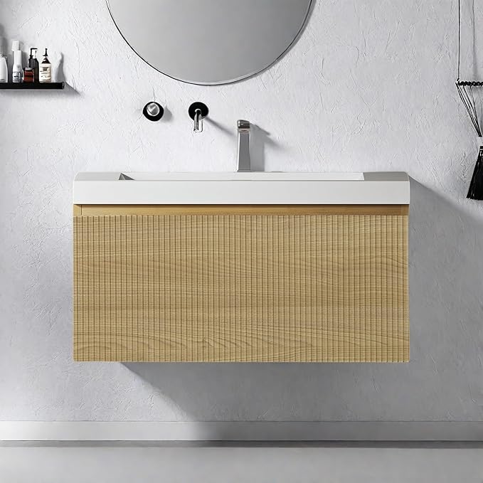 Wall Mounted Bathroom Sink Vanity, Modern 30" Floating Vanity with Resin Top Basin Sink and U-Shaped Soft-Close Storage Drawer, Striped Bathroom Storage Cabinet with Invisible Handle, Wood