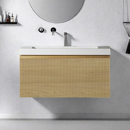 Wall Mounted Bathroom Sink Vanity, Modern 30" Floating Vanity with Resin Top Basin Sink and U-Shaped Soft-Close Storage Drawer, Striped Bathroom Storage Cabinet with Invisible Handle, Wood