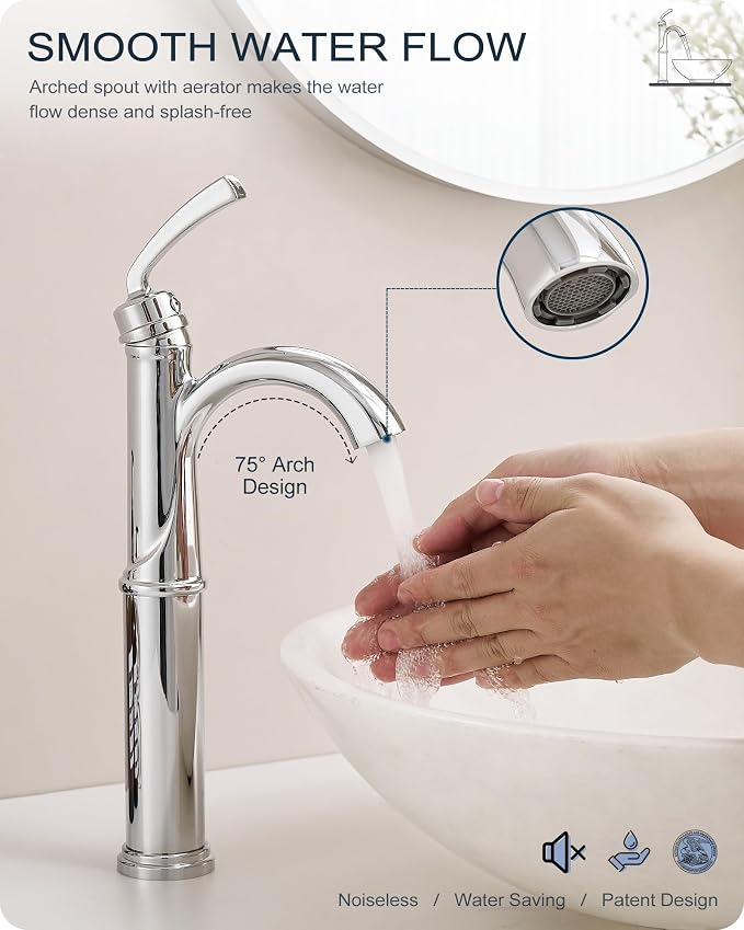 Brass Vessel Faucet 1 Hole, Chrome Tall Bathroom Faucets for Vessel Sinks with 1 Handle, Pop Up Drain, cUPC Water Supply Line & Arched Spout Aerator for Countertop Sink, 5 Mins Quick Install