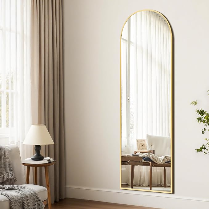 Arched Full Length Mirror, 56"x15" Standing Body Mirror for Wall, Gold | Built-in Stand, HD Shatterproof Glass, Aluminum Alloy Frame, Hanging or Standing, for Bedroom, Living Room & Dressing Room