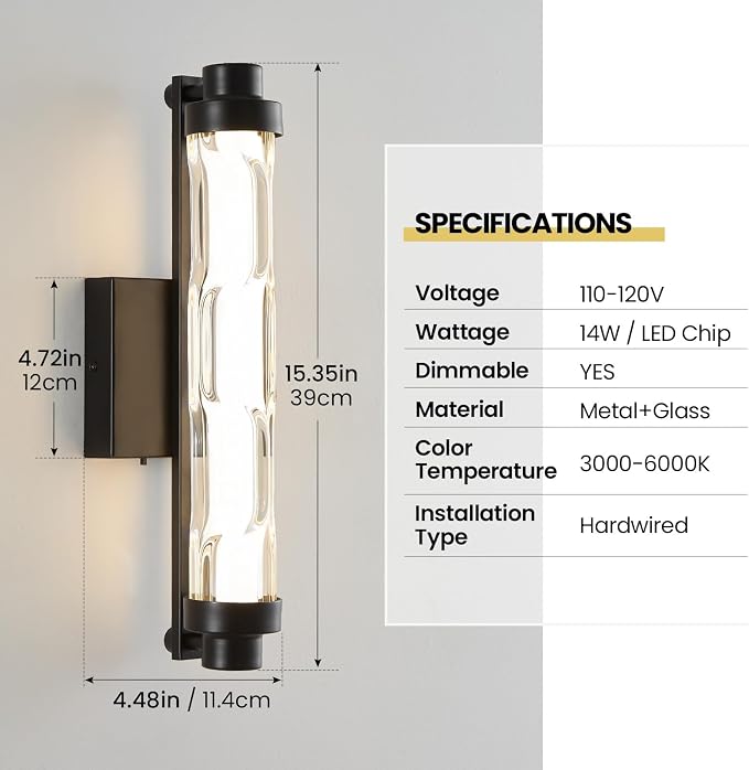 15.4" Black Wall Sconces Set of 2, Modern Bathroom Sconces with Ripple Glass Shade, 5CCT Dimmable LED Wall Lights 14W for Bedroom, Hallway, Staircase