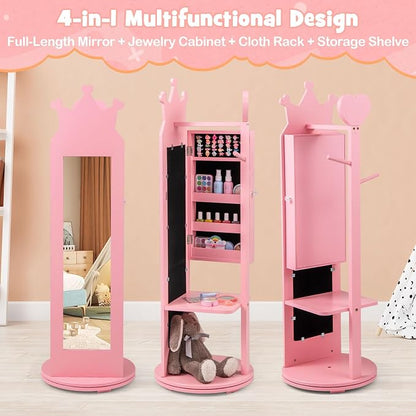 HONEY JOY Kids Jewelry Armoire Cabinet, 360 Degree Swivel Base Wooden Standing Jewelry Organizer w/Full-length Mirror and Clothes Rack, Children Dress Up Jewelry Cabinet for Little Girls (Pink)