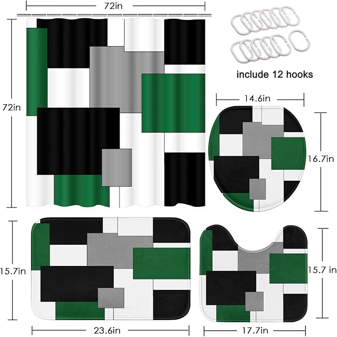 Bathroom Sets with Shower Curtain and Rugs, 4 Pcs, Geometric Green | Checkered Abstract Bathroom Decor Set with Toilet Lid Cover, Non-Slip Bath Mats and Accessories 12 Hooks