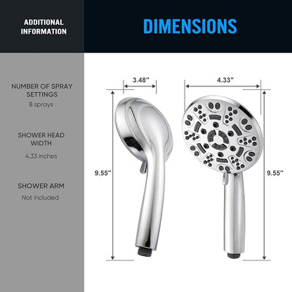 Cobbe 8-Setting Handheld Shower Head, Water-Saving Design, Chrome | Trickle Pause Mode, 5ft Stainless Steel Hose, Brass Swivel Bracket, Tool-Free Installation