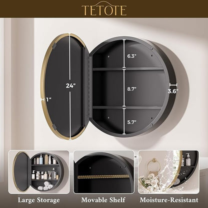 TETOTE Gold Round Bathroom Medicine Cabinet with Mirror 24 x 24 Metal Framed Medicine Cabinet with Storage Adjustable Shelves Farmhouse Wall Mirror with Storage Surface Mounted