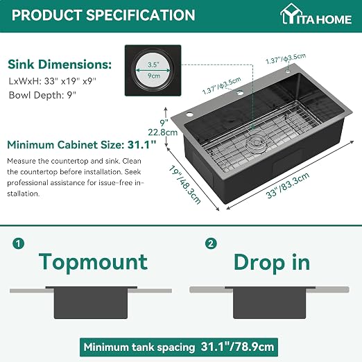 YITAHOME Drop In Kitchen Sink 33 Inch Top mount Stainless Steel Nano | Prep Kitchen, Bar 33 x 19 x 10inch
