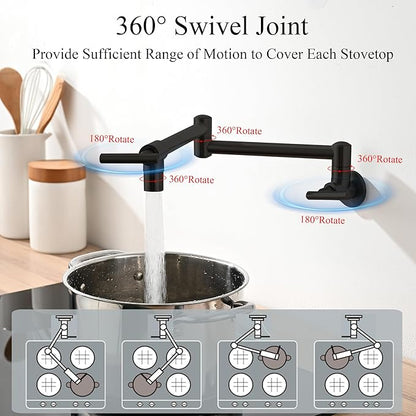 Pot Filler Faucets - for Kitchen, Sink, Stove and Bar with Brass Wall Mount Double Joint Swing Arms - Leak Free Designs with High-Flow Aerators - Retractable and Folding Save Space - Matte Black
