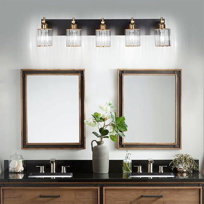She's home 5-Light Vanity Lights for Bathroom: Black Gold Vanity Lights with Crystal Glass Shade, Modern Crystal Bathroom Light Fixtures Over Mirror, 34inch Black Gold Wall Sconce for Bath, E26 Base