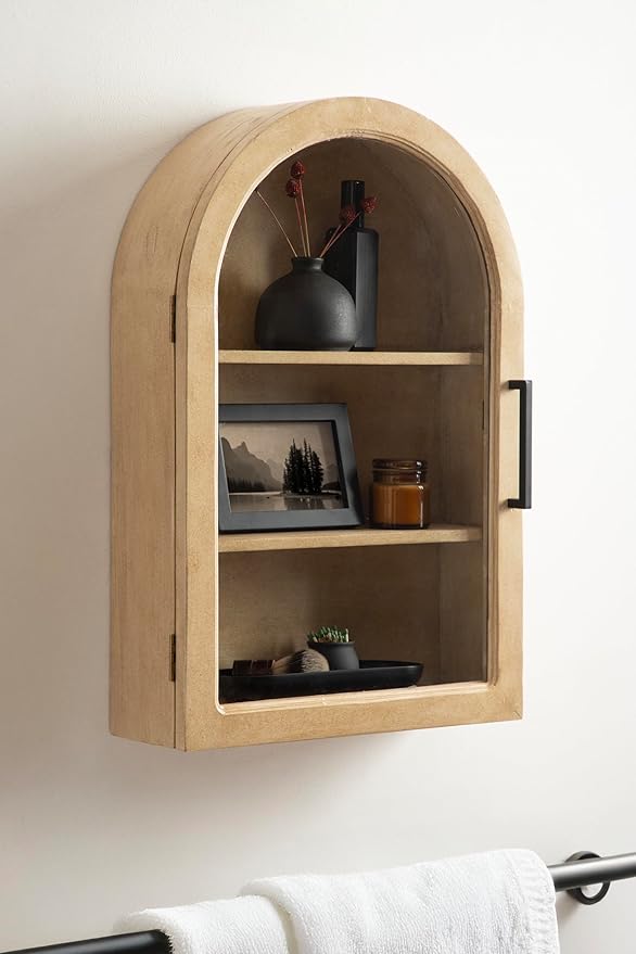 Kate and Laurel Arcott Modern Arch Wall Cabinet, 16 x 7 x 24, Natural Wood, Transitional Arched Cabinet for Use as Over-The-Toilet Storage or Living Room Storage Option