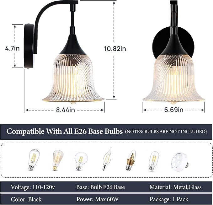 Vintage Black Wall Sconce, 1-Light Modern Wall Lighting Fixture | with 6.6” Textured Glass Shade, Industrial Hardwired Wall Mounted for Dining Living Room Hallway Bedroom Kitchen, E26