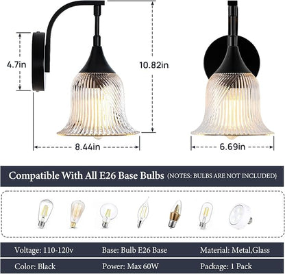 Vintage Black Wall Sconce, 1-Light Modern Wall Lighting Fixture | with 6.6” Textured Glass Shade, Industrial Hardwired Wall Mounted for Dining Living Room Hallway Bedroom Kitchen, E26