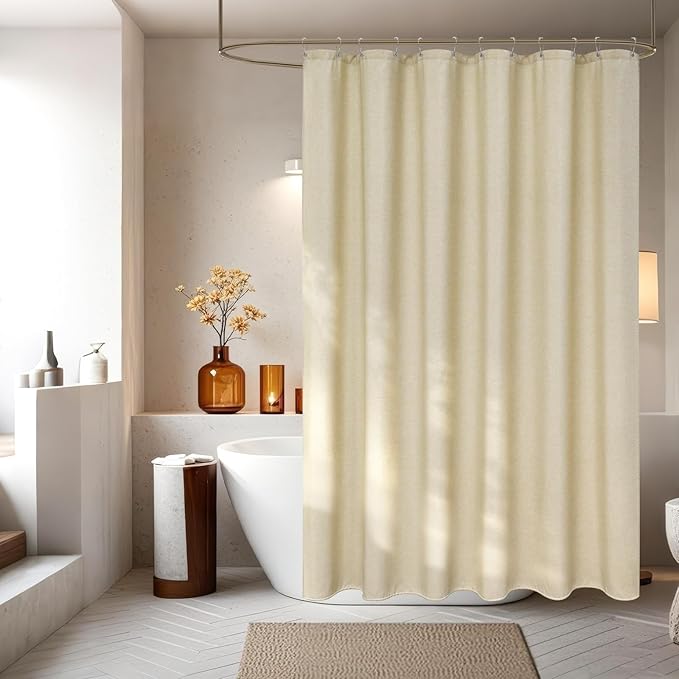 Rustic Faux Linen Beige Thick Fabric Shower Curtain, 72 x 90 Inch Extra Long Cloth Shower Curtain Water-Resistant, Ultra-Durable Washable Cream Shower Curtain for Tall Bathrooms