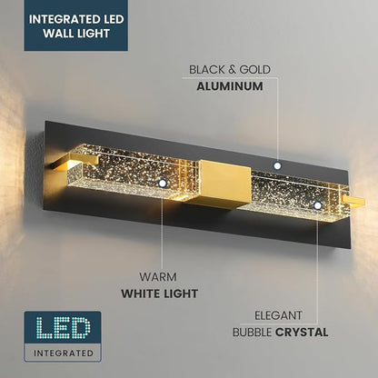 WOSHITU LED Wall Sconce Light: 19 Inch Black & Gold Modern Sconces Wall Lighting 3000K Dimmable Crystal Wall Lamps Indoor Bathroom Sconce Mount Light Fixtures for Living Room/Bedroom/Hallway
