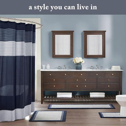 Madison Park Amherst Bathroom Shower Curtain Faux Silk Pieced Striped Modern Microfiber Bath Curtains, 72x84 Inches, Navy