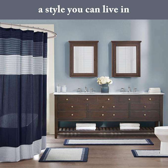 Madison Park Amherst 72 x 72 Bathroom Shower Curtain, Faux Silk, Navy | Modern Classic, Light Sheen, Pieced, Striped, Microfiber, Machine Washable, OEKO-TEX Certified, Amherst