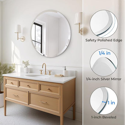 USHOWER 30" Round Frameless Wall Mirror with Beveled Edge - Circle Mirror for Bathroom & Vanity, Elegant & Simple Look