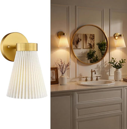 Set of 2 Wall Sconces, HWH Gold Bathroom Light Fixtures with Milk White Striped Fabric Shade, Up and Down Vanity Lights Fixture, Brushed Gold Finish, 5HZG97B-2PK BG-FB
